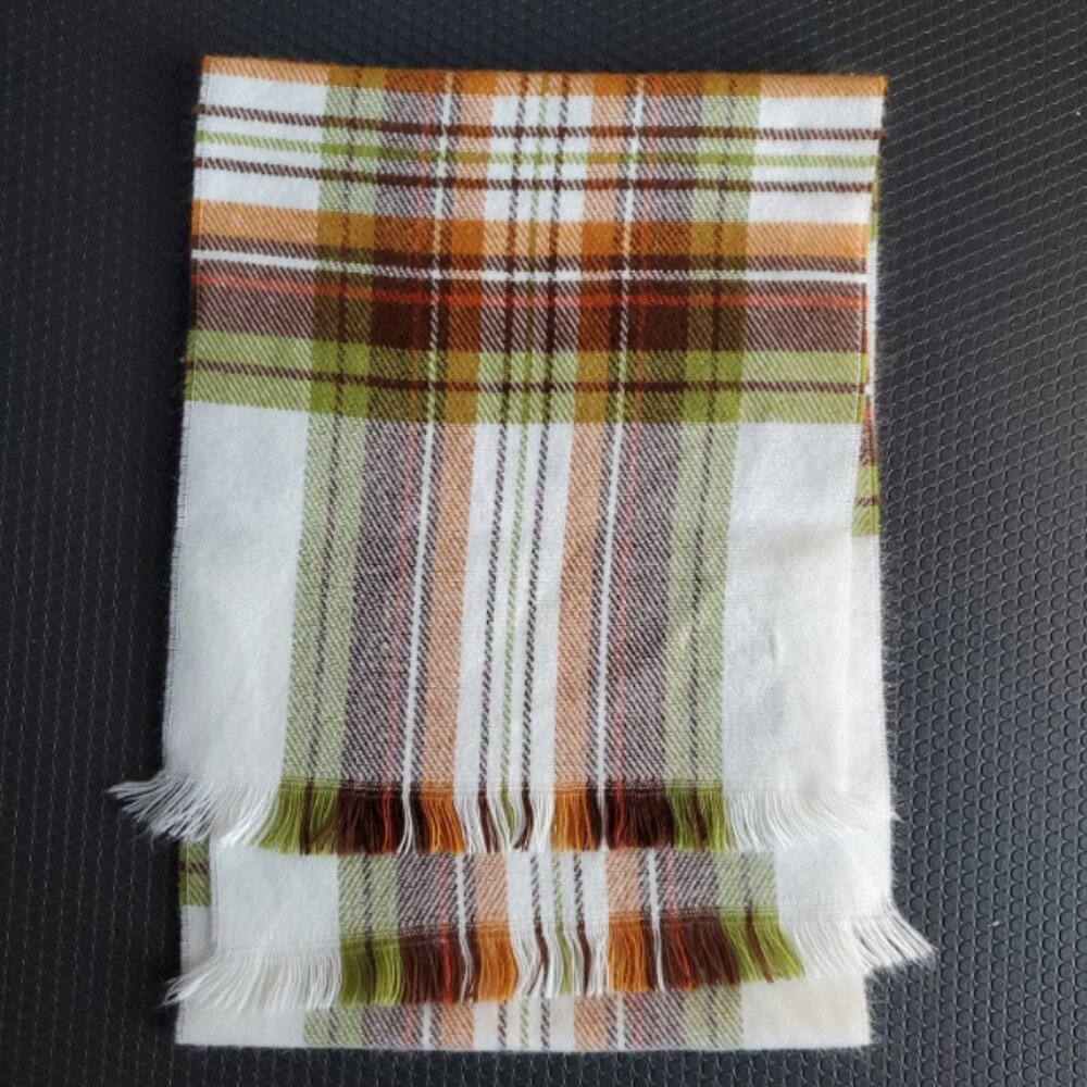 Barneys New York White Base Plaid Fringed Scarf; Green, Brown, Orange